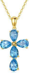 wholesale 14K Gold Natural Blue Topaz Flower Pendant Necklace for Women 18 Chain Christian Gifts-0-0