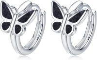 wholesale 925 Sterling Silver Black Onyx & Turquoise Butterfly Huggie Hoop Earrings for Women Gifts-Black