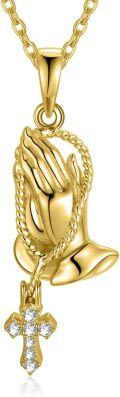 wholesale Gold 925 Sterling Silver Cross Pendant with Praying Hands Necklace for Women and Men-0-0