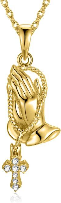 wholesale Gold 925 Sterling Silver Cross Pendant with Praying Hands Necklace for Women and Men-Yellow