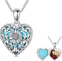 wholesale S925 Silver & Natural Gemstone Sunflower Locket Necklace, 18mm Retro Photo Pendant, 18+2 Chain, Elegant Gift for Valentine's Day Christmas Birthday-Turquoise