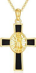 wholesale Gold-Plated 925 Sterling Silver Virgin Mary and Saint Michael Cross Pendant Necklace with Black Onyx Accents-0-0