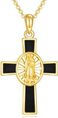 wholesale Gold-Plated 925 Sterling Silver Virgin Mary and Saint Michael Cross Pendant Necklace with Black Onyx Accents-Virgin Mary