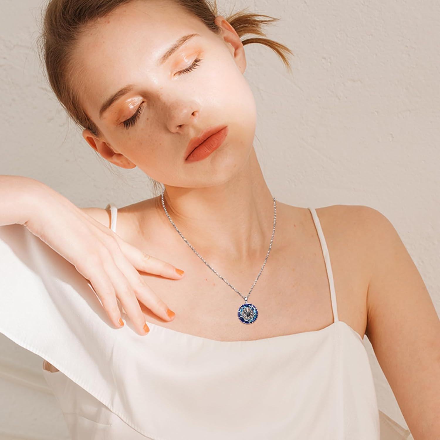 Sterling Silver Spider Skull Necklace Halloween Jewelry Gift for Women Girls-0-5