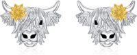 wholesale 925 Sterling Silver Highland Cow Head Stud Earrings with Gold Flower Accents - Unique Gift for Her-Highland Cow
