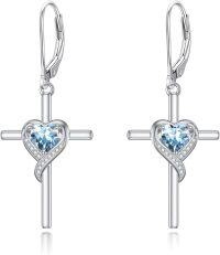 wholesale TOUPOP Aquamarine Cross Earrings For Women Sterling Silver March Birthstone Earrings Heart Cross Drop Dangle Earrings Jewelry Birthday Anniversary Christmas Gifts For Her Wife Girlfriend Mom -undefined