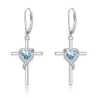 TOUPOP Sterling Silver Aquamarine Heart Cross Drop Dangle Earrings-undefined