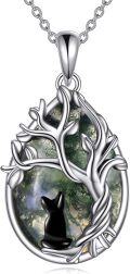 wholesale 925 Sterling Silver Cat and Tree of Life Green Agate Gemstone Pendant Necklace for Women Birthdays Gift-0-0