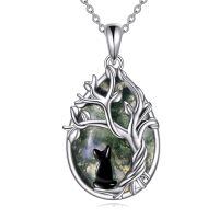wholesale 925 Sterling Silver Cat and Tree of Life Green Agate Gemstone Pendant Necklace for Women Birthdays Gift-Cat