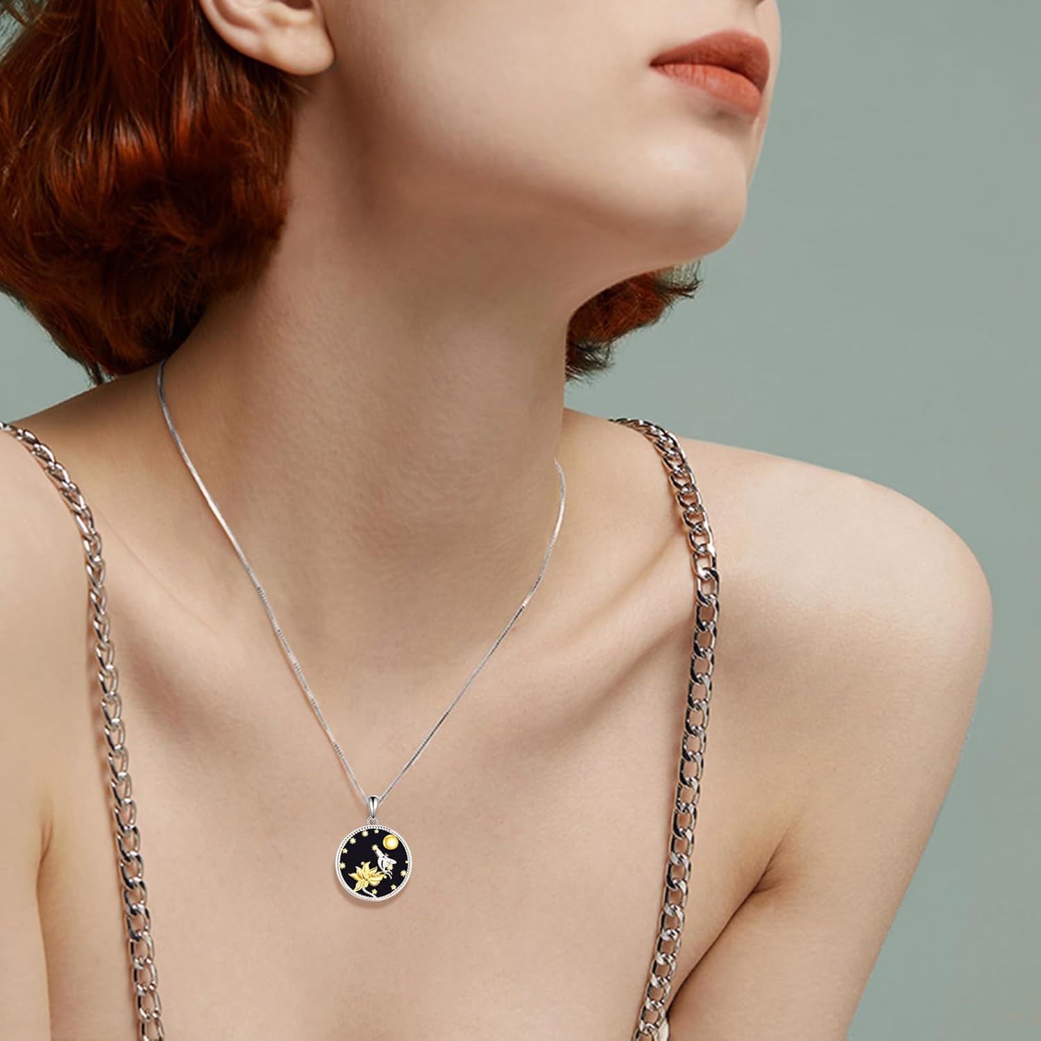 wholesale 925 Sterling Silver Round Fairy and Lotus Flower Chakra Necklace with Gold Stars Pendant-0-1