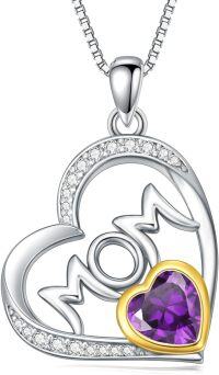 wholesale 925 Sterling Silver Gold Heart Mom Necklace with Synthetic Birthstone Pendant-February