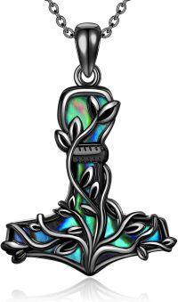wholesale 925 Sterling Silver Abalone Shell Thor's Hammer & Tree of Life Necklace Norse Viking Jewelry-black