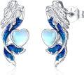 wholesale 925 Sterling Silver Mermaid Heart Stud Earrings with Blue Enamel Tail and Opalite Stone Centerpiece-0-0