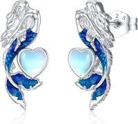 wholesale 925 Sterling Silver Mermaid Heart Stud Earrings with Blue Enamel Tail and Opalite Stone Centerpiece-mermaid