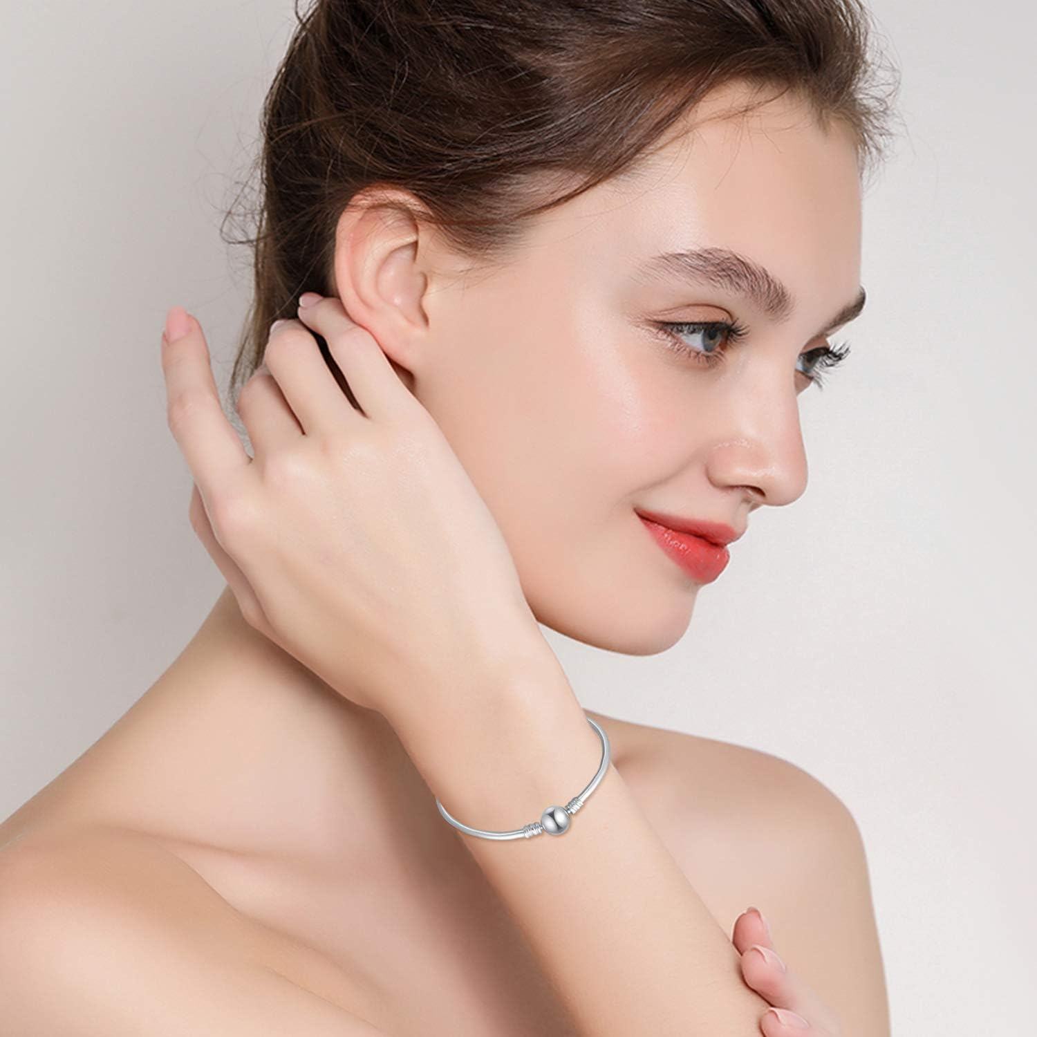 925 Sterling Silver Snake Charm Bead Bracelet with Snap Clasp for Women-0-4