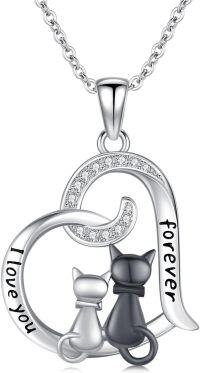 wholesale 925 Sterling Silver Heart Love Cats Forever Pendant Necklace for Women-2 Cats Necklace