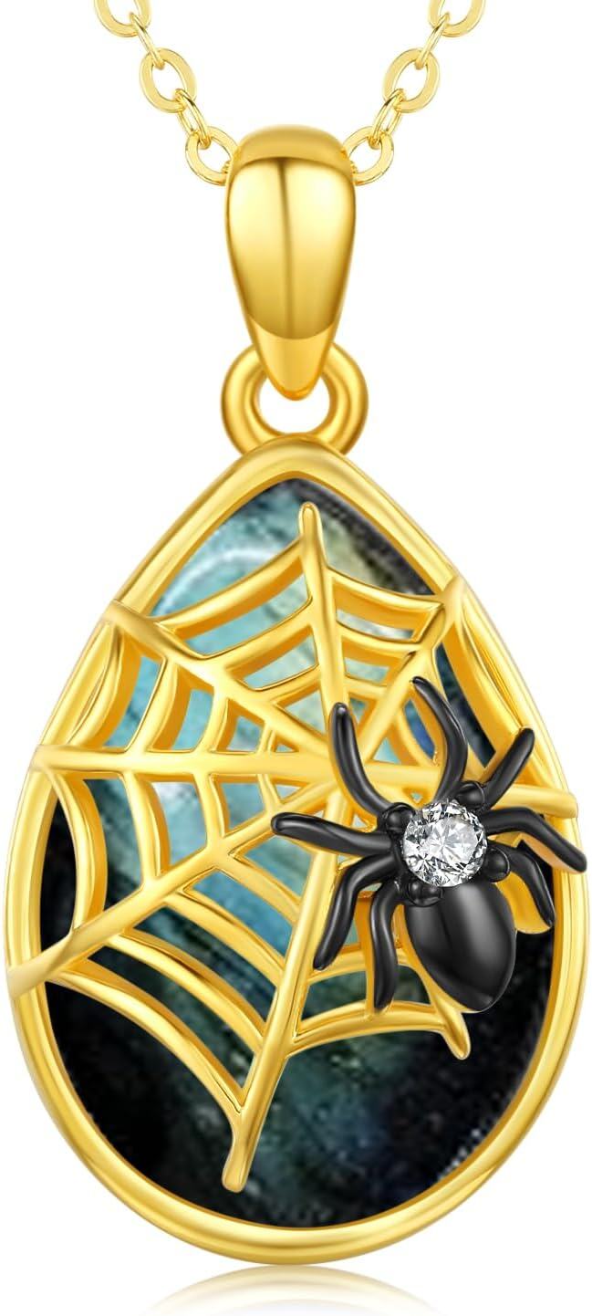Sterling Silver Gold Plated Gothic Spider Necklace Halloween Goth Jewelry Gift-Labradorite