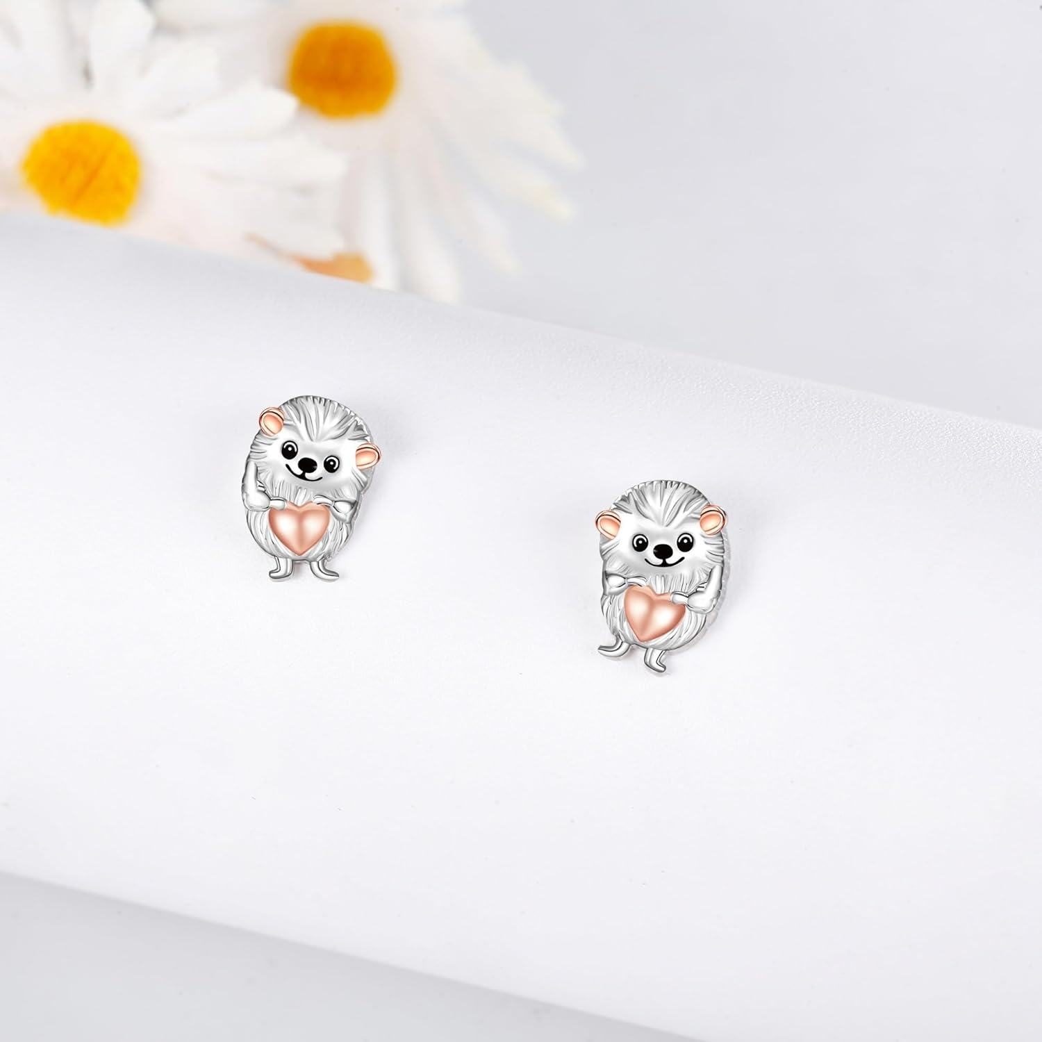 925 Sterling Silver Cute Hedgehog Heart Stud Earrings for Women Girls  4PCs Set-0-1