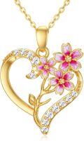 wholesale 14K Real Gold Cherry Blossom Necklace with Moissanite, Birth Flower Gift for Women, Adjustable Chain, Hypoallergenic, Engraved AU585-0-0