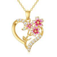 wholesale 14k Yellow Gold Heart Pendant With Pink Enamel Flowers-04-Apr-Cherry Blossoms