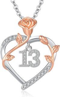 wholesale 925 Sterling Silver Heart-Shaped Rose Flower Pendant Necklace with Cubic Zirconia - Gift Idea for Her (Daughter/Wife/Mom) on 13th/90th Birthdays-13th