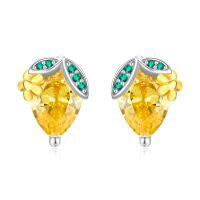 wholesale 925 Sterling Silver Yellow Citrine Green Cz Flower Stud Earrings-Lemon