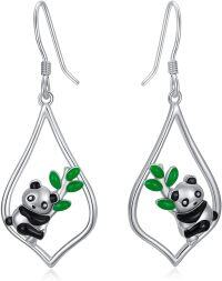 wholesale 925 Sterling Silver Panda Bamboo Leaf Drop Earrings-Panda