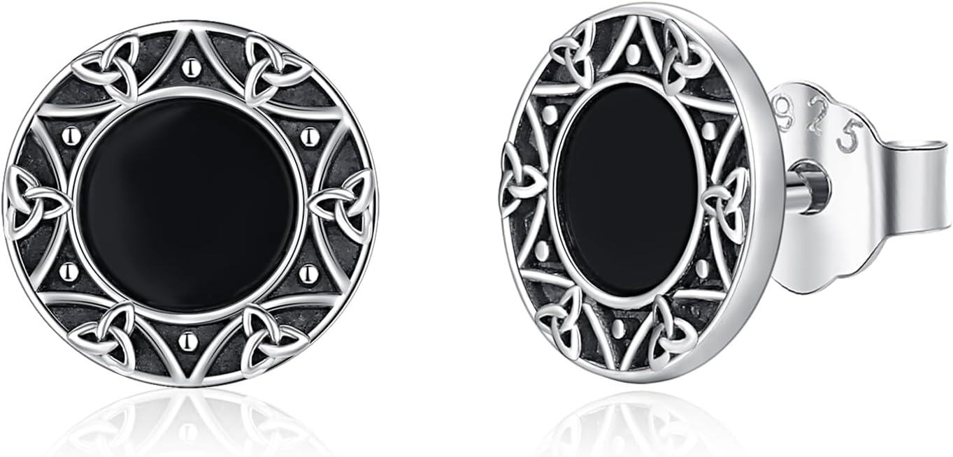 925 Sterling Silver Celtic Knot Black Onyx Stud Earrings 6mm Round Gothic Jewelry for Women and Men-0-0