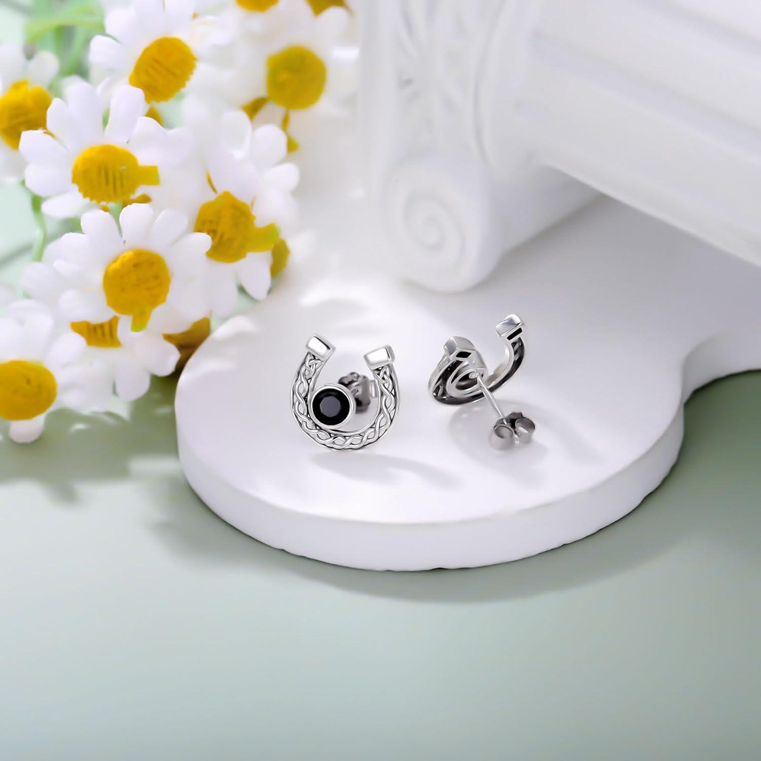 925 Sterling Silver Horseshoe Black Onyx Celtic Knot Stud Earrings for Women-0-2
