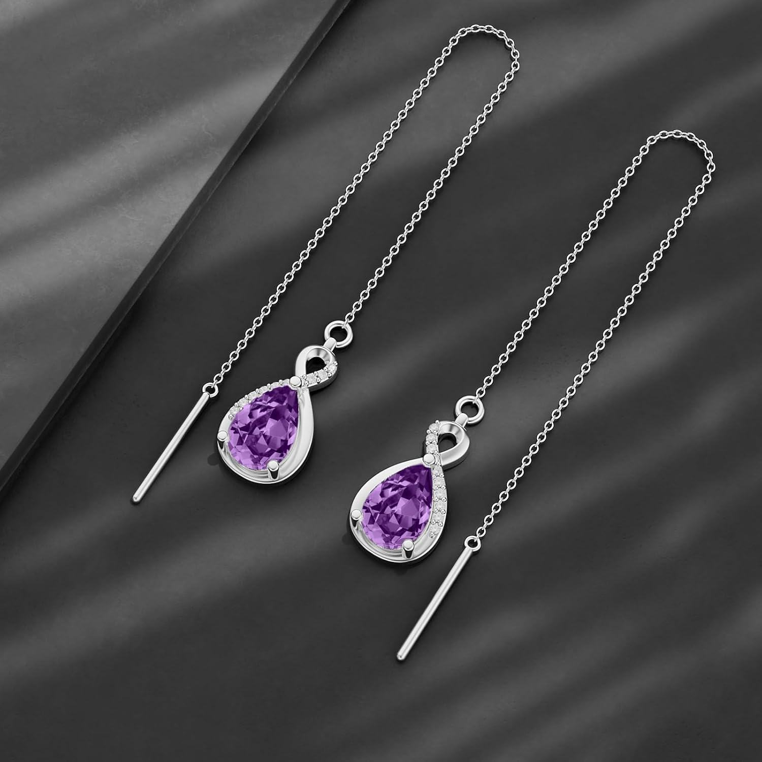 925 Sterling Silver 12 Birthstone Infinity Threader Drop Earrings for Women-0-3