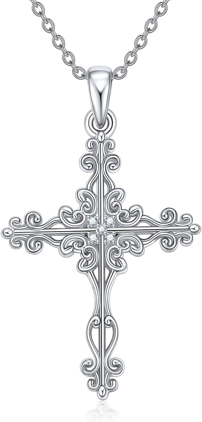 Sterling Silver Diamond Cross Necklace for Women-Type 23