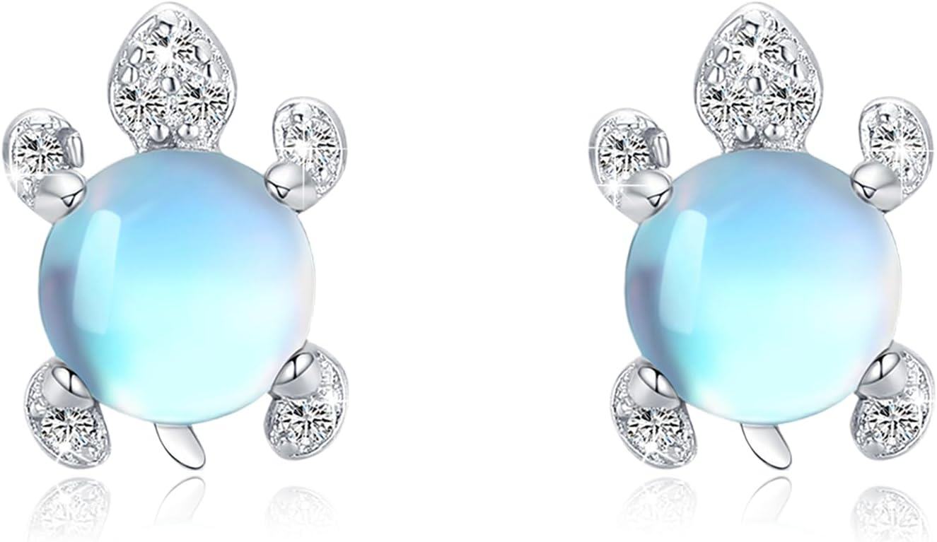 Sterling Silver Moonstone Sea Turtle Stud Earrings Hypoallergenic Ocean Jewelry-0-1