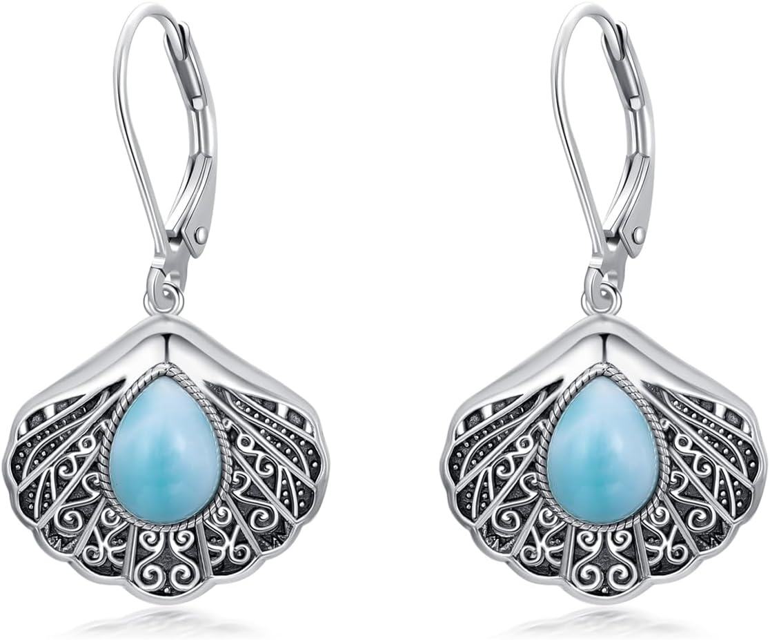 925 Sterling Silver Larimar Shell Drop Earrings-0-0
