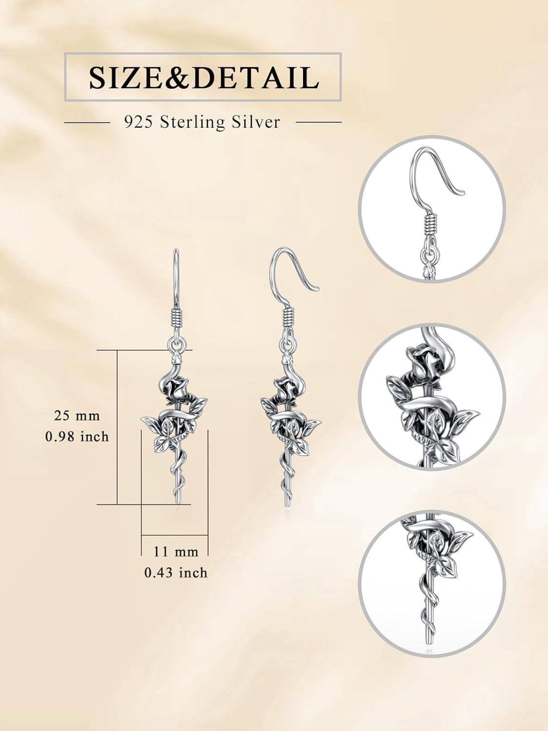 925 Sterling Silver Rose Vine Drop Earrings-0-1