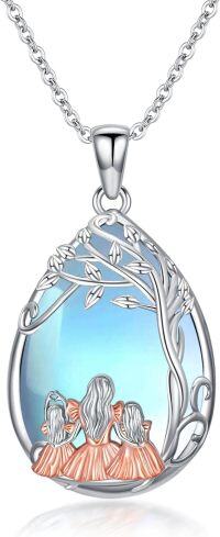 wholesale 925 Sterling Silver Tree of Life Blue Moonstone Family Pendant Necklaces for Women Girls Mom Daughter Sister Gift Jewelry Set-Mom & 2 Daughter-Tree of Life