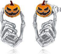 wholesale 925 Sterling Silver Pumpkin Jack-o'-Lantern Skeleton Hand Stud Earrings for Women-04-Skull Hand&Pumpkin