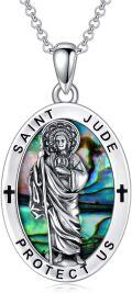 wholesale 925 Sterling Silver St. Jude Pendant with Abalone Shell and Crosses on 3mm Cable Chain - Protect Us Charm Necklace for Men Women Boys Girls (Silver)-0-0
