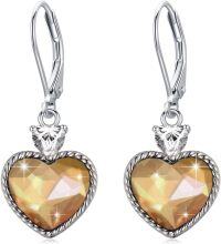 wholesale 925 Sterling Silver White Pink Red Crystal Love Heart Birthstone Dangle Leverback Earrings for Women-yellow