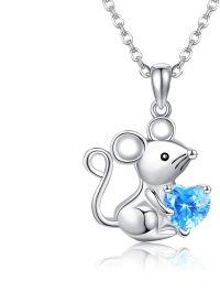 wholesale 925 Sterling Silver Blue Crystal Heart Mouse Pendant Necklace Gifts for Women Dog Lovers-Rat Mouse Pendant