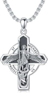 wholesale 925 Sterling Silver Cross Necklace w/St Michael & St Christopher Pendants for Men/Women-A04. St michael (Black Onyx)