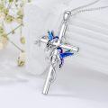 wholesale 925 Sterling Silver Cross Pendant Necklace w/ Blue Hummingbirds & Purple Butterflies - Christian  for Her-0-3