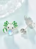 wholesale 925 Sterling Silver Green Enamel Heart Moonstone Axolotl Stud Earrings Wholesale Gift for Her-0-1