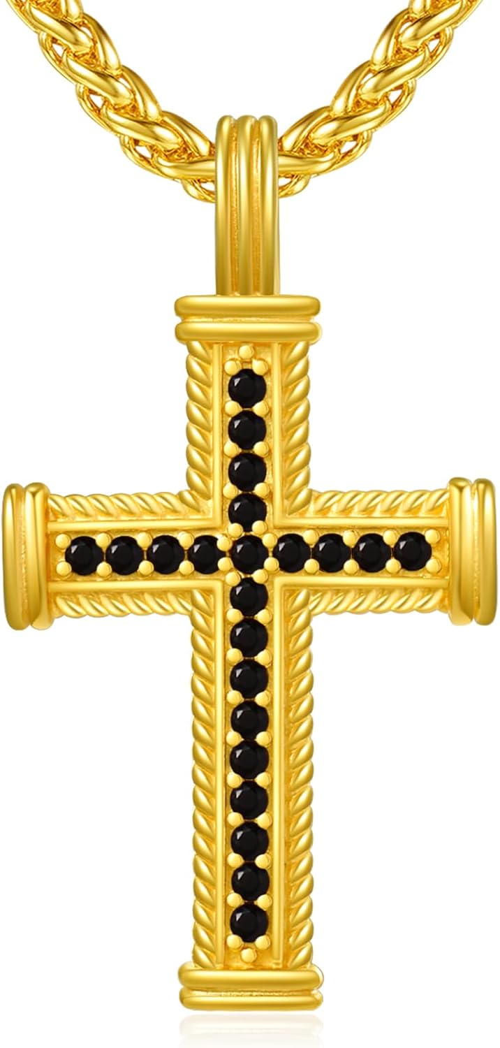 wholesale Gold 925 Sterling Silver Cross Pendant with Black Beads - Catholic Religious  for Men Women-0-0