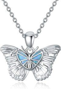 wholesale 925 Sterling Silver Blue Fire Opal Butterfly Pendant Necklace for Women's Gifts-4-Heart Opal Butterfly