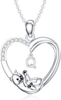 wholesale Silver Stone Cat Heart Necklace w Initial 26 Alphabets Gift-Q