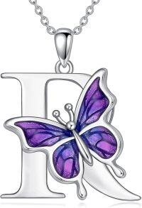 wholesale Sterling Silver Purple Butterfly A Z 26 Letters Pendant Necklace-Letter R-Letter R