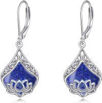 wholesale 925 Sterling Silver Lotus Flower Drop Earrings w/ Blue Lapis Lazuli & Filigree Design-Lotus Lapis Lazuli Earrings-Dec.