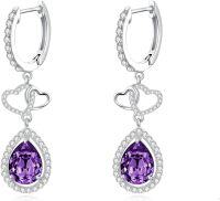 wholesale Sterling Silver Amethyst & Zircon Pear Dangle Earrings, 10x7mm Gemstone, 5A Zircon, 4.6g, Hypoallergenic, Gift for Women-Double Heart