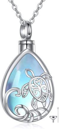 wholesale 925 Sterling Silver Teardrop Shape Blue Opal Stone Celtic Knot Design Urn Keepsake Locket Necklace for Ashes with Funnel and Fill Tool 48 Chain-Moonstone turtle