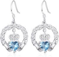 wholesale 925 Sterling Silver with Birthstone Claddagh Earrings for Women Irish Celtic Jewelry Gifts-12-December-Lab Created Blue Topaz